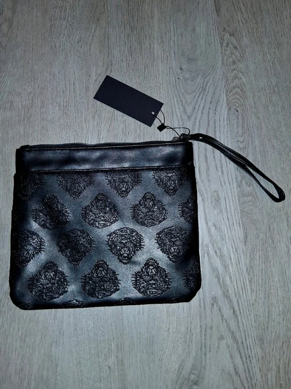 Ed Hardy Tattoo Tiger Black Faux Leather Makeup Bag Zipper Pouch Cosmetic Case